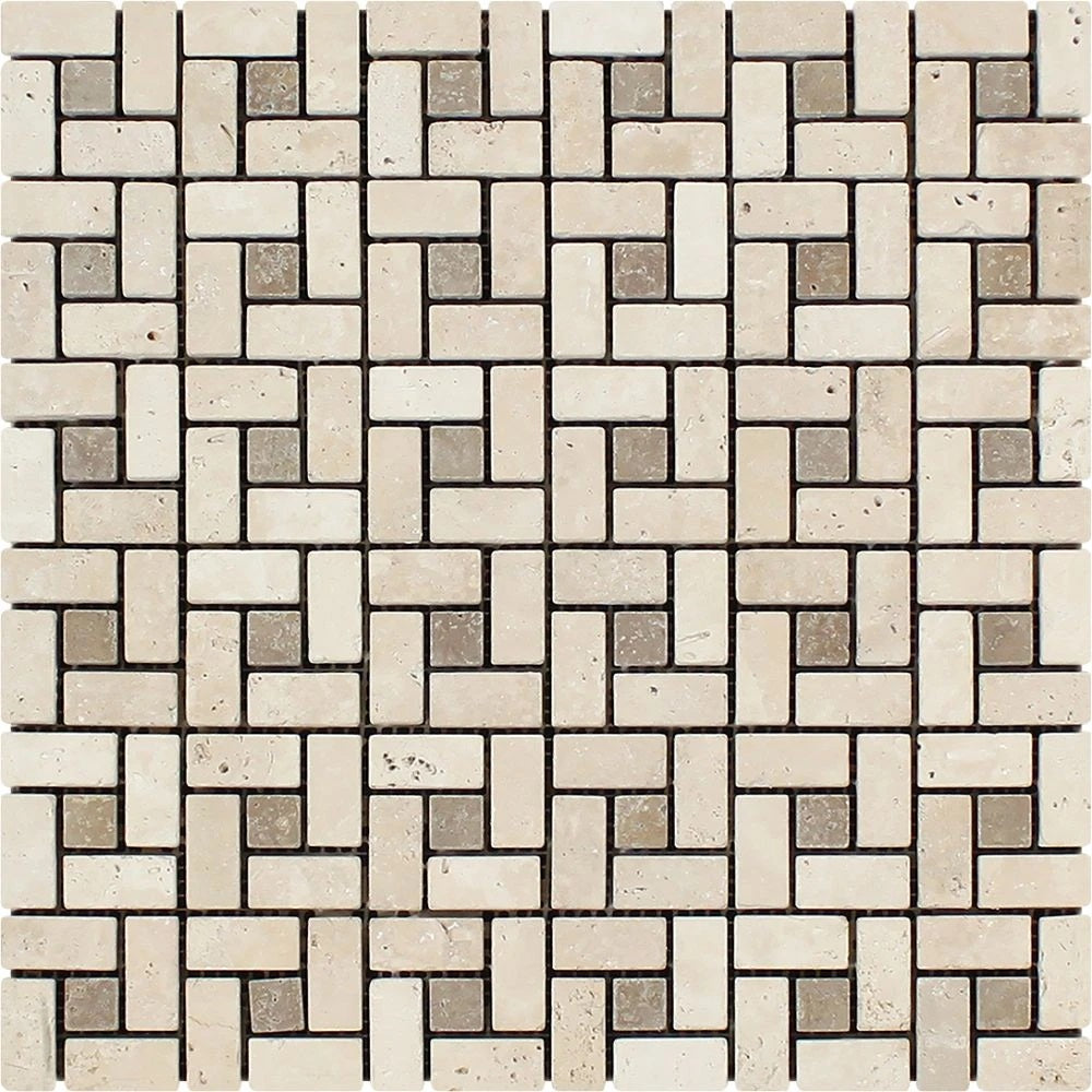 5/8 x 1 1/4 Tumbled Ivory Travertine Mini Pinwheel Mosaic Tile w/ Noce Dots.