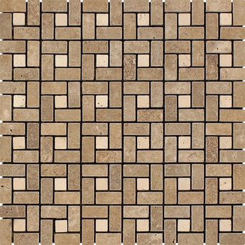 5/8 x 1 1/4 Tumbled Noce Travertine Mini Pinwheel Mosaic Tile w/ Ivory Dots.