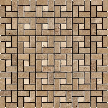 5/8 x 1 1/4 Tumbled Noce Travertine Mini Pinwheel Mosaic Tile w/ Ivory Dots.