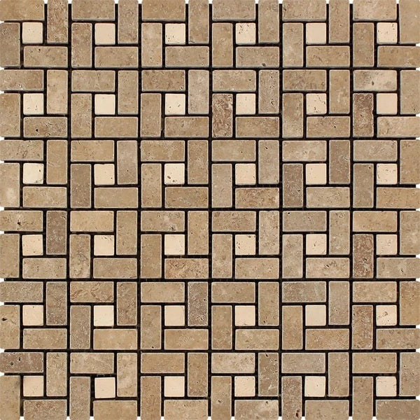 5/8 x 1 1/4 Tumbled Noce Travertine Mini Pinwheel Mosaic Tile w/ Ivory Dots.