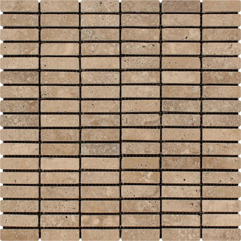 5/8 x 2 Tumbled Noce Travertine Single-Strip Mosaic Tile.