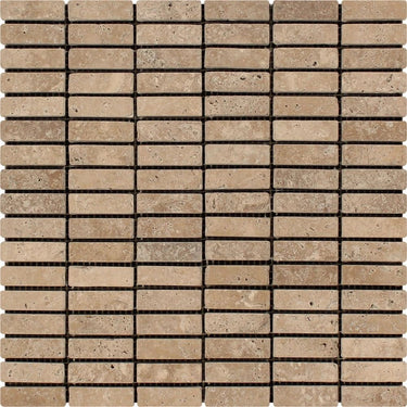 5/8 x 2 Tumbled Noce Travertine Single-Strip Mosaic Tile.
