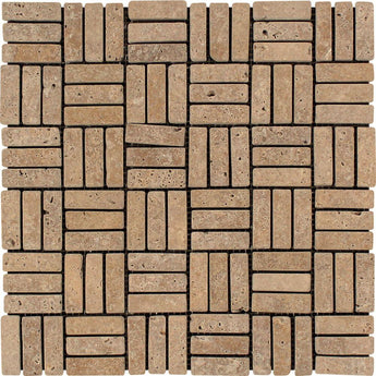 5/8 x 2 Tumbled Noce Travertine Triple-Strip Mosaic Tile.