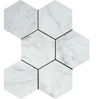 5 x 5 Honed Bianco Carrara Marble Hexagon Mosaic Tile.