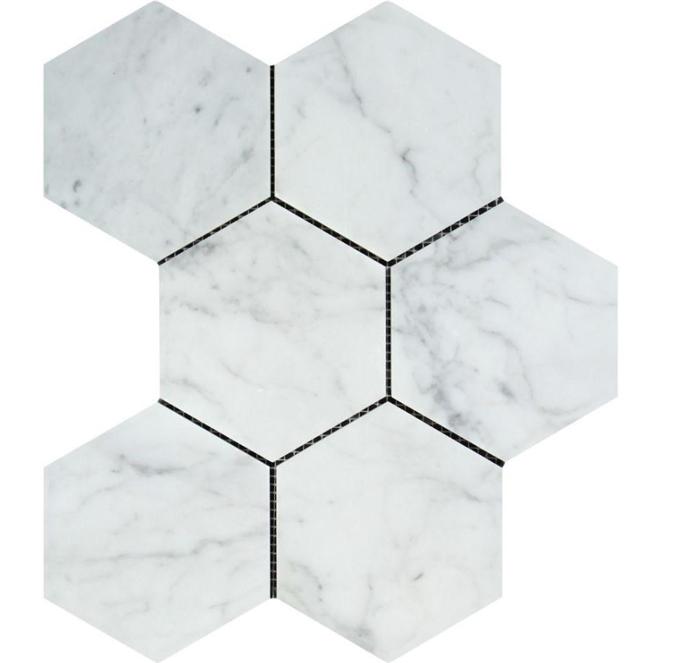 5 x 5 Honed Bianco Carrara Marble Hexagon Mosaic Tile.