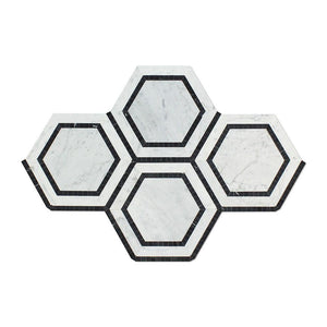 5 x 5 Honed Bianco Carrara Marble Hexagon Mosaic Tile (w/ Black).