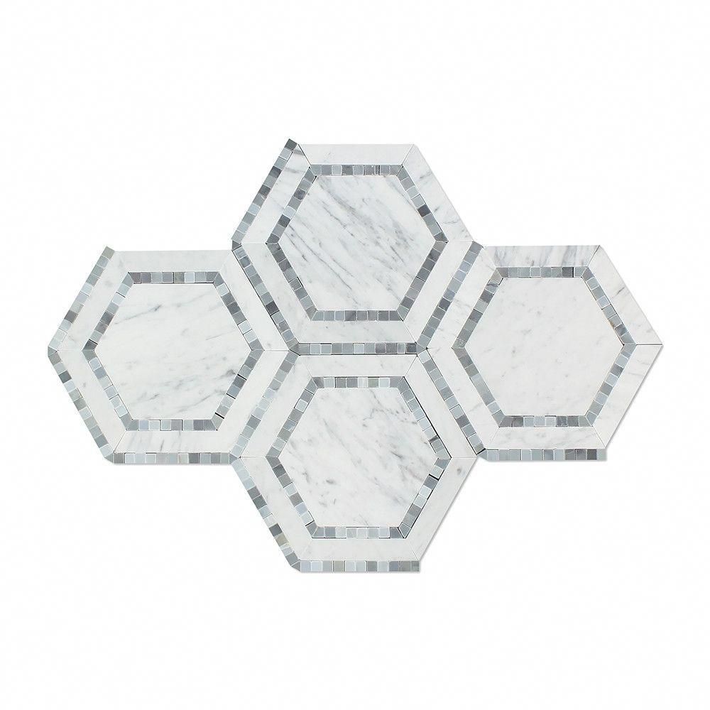 5 x 5 Honed Bianco Carrara Marble Hexagon Mosaic Tile (w/ Blue-Gray).