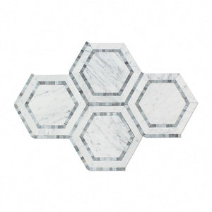 5 x 5 Honed Bianco Carrara Marble Hexagon Mosaic Tile (w/ Blue-Gray).