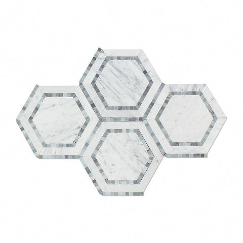 5 x 5 Honed Bianco Carrara Marble Hexagon Mosaic Tile (w/ Blue-Gray).