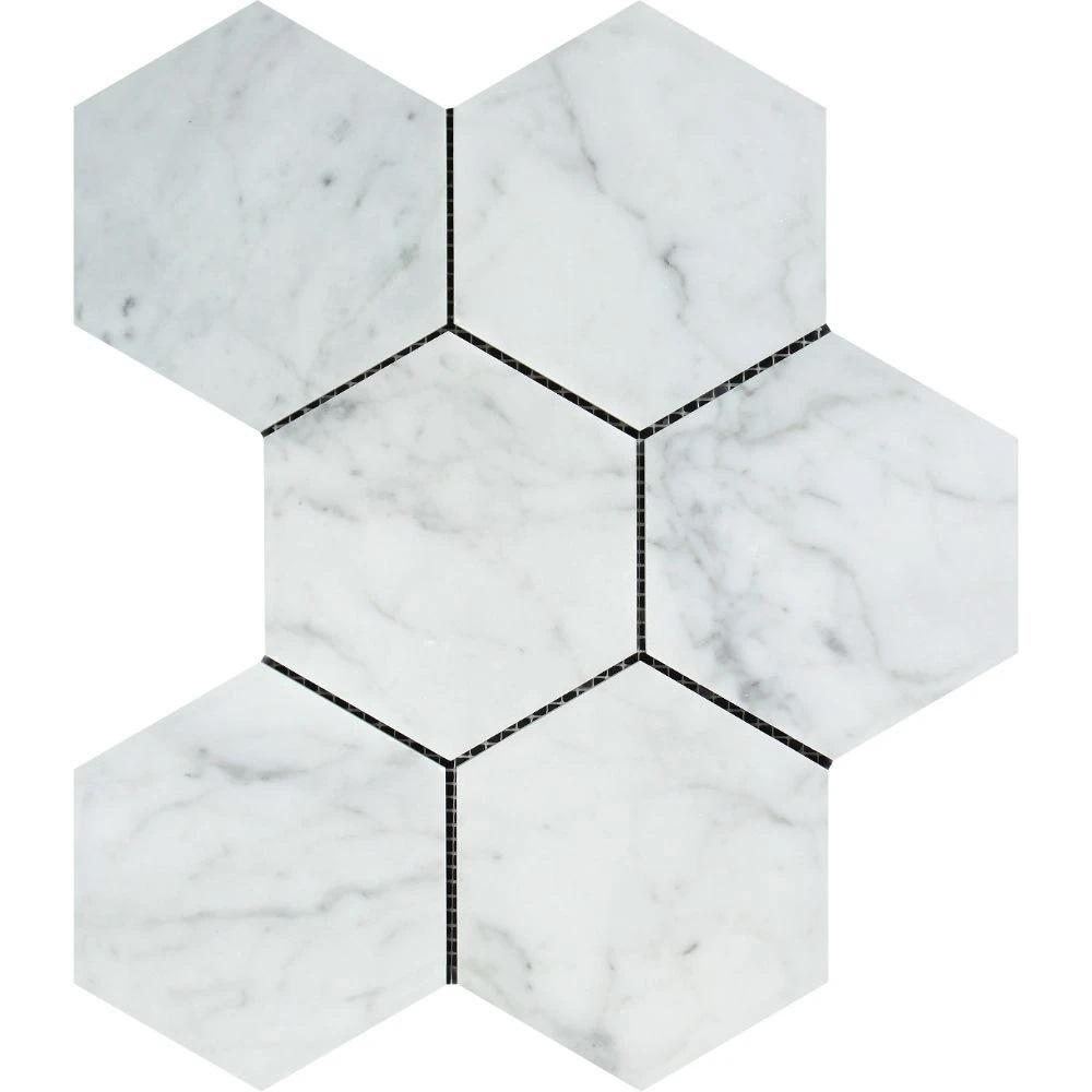 5 x 5 Polished Bianco Carrara Marble Hexagon Mosaic Tile.