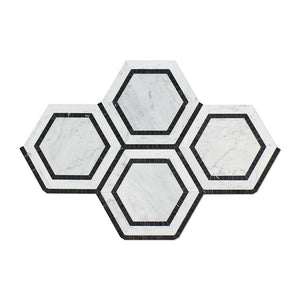 5 x 5 Polished Bianco Carrara Marble Hexagon Mosaic Tile (w/ Black).