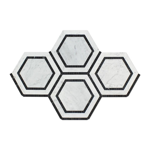 5 x 5 Polished Bianco Carrara Marble Hexagon Mosaic Tile (w/ Black).