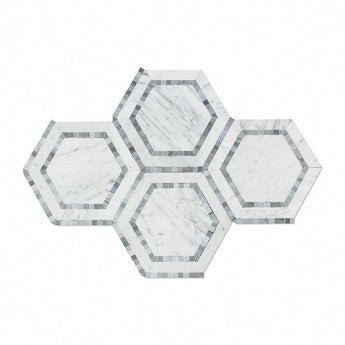 5 x 5 Polished Bianco Carrara Marble Hexagon Mosaic Tile (w/ Blue-Gray).