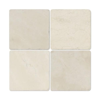 Six 6x6 tumbled Crema Marfil marble mosaic tiles with warm beige tones and natural veining, from MosaicBros.com