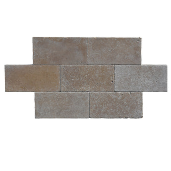 Tumbled Noce Travertine 6x12 inch 3cm paver from MosaicBros.com, suitable for patios and pool surrounds.