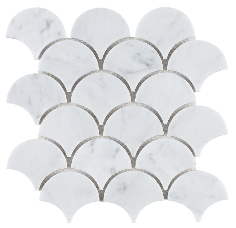 Dragon Scale Carrara 9.75 x 9.75 Fan Shape Mosaic Marble Tile.