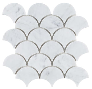 Dragon Scale Carrara 9.75 x 9.75 Fan Shape Mosaic Marble Tile.
