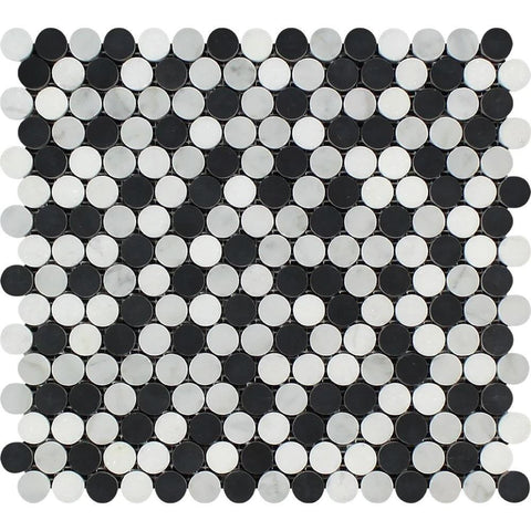 Bianco Carrara Polished Marble Penny Round Mosaic Tile (Carrara + Thassos + Black).