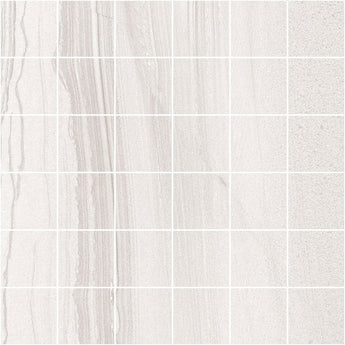 White Legend Blanco 13x13 mosaic tile by Roca, close-up of glossy square ceramic tiles arranged in a grid pattern.