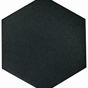 Black solid hexagon floor tile by Roca, 8x9 inches, featuring a sleek, modern design for stylish interior flooring.