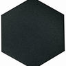 Black solid hexagon floor tile by Roca, 8x9 inches, featuring a sleek, modern design for stylish interior flooring.