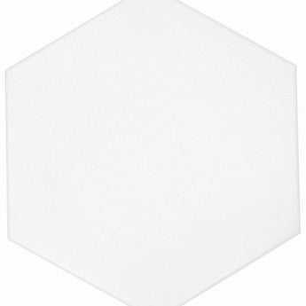 White solid hexagon floor tile by Roca, 8x9 inches, showcasing a clean, modern design with a smooth surface.