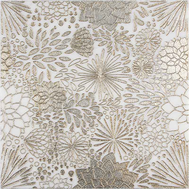 ARTISTIC DAHLIA GOLD ASHEN WHITE MARBLE Surface: Engraved/Rustic Silver Leaf Mosaic Tile.