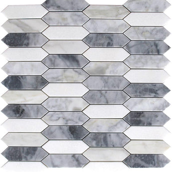 EMILIA Rimini Calacatta Bluette, Thassos White Mosaic Tile.