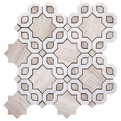 WATERJET FIORE 5 WOODEN GRAY, BIANCO CARRARA Mosaic Tile.