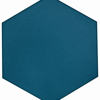 Roca Flow Cosmic Sapphire 8x9 hexagon floor tile with deep blue, glossy finish, showcasing geometric design and smooth surface.
