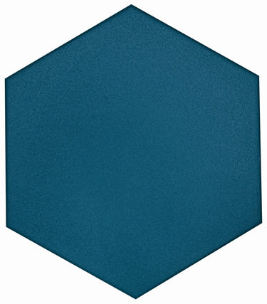 Roca Flow Cosmic Sapphire 8x9 hexagon floor tile with deep blue, glossy finish, showcasing geometric design and smooth surface.