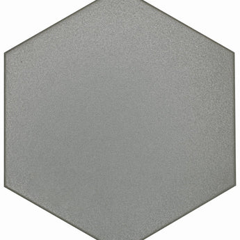 Dark gray hexagon floor tile by Roca, 8x9 inches, with a modern geometric design suitable for contemporary interiors.