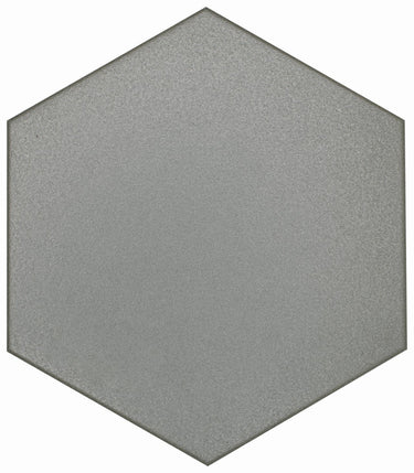 Dark gray hexagon floor tile by Roca, 8x9 inches, with a modern geometric design suitable for contemporary interiors.
