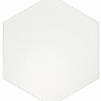 White 8x9 hexagon floor tile by Roca, showcasing a sleek, modern ceramic tile with a glossy finish.