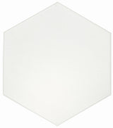 White 8x9 hexagon floor tile by Roca, showcasing a sleek, modern ceramic tile with a glossy finish.