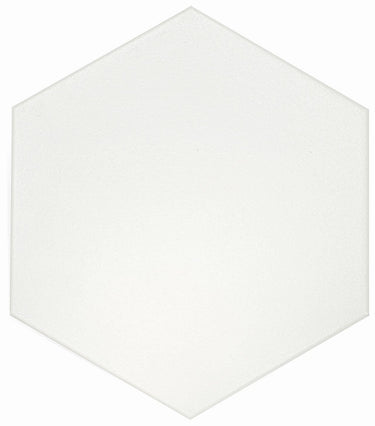 White 8x9 hexagon floor tile by Roca, showcasing a sleek, modern ceramic tile with a glossy finish.