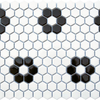 CC MOSAICS 1X1 B&W FLOWER HEXAGON Porcelain Mosaic Tile.