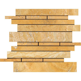 Gold Honed Travertine Random Strip Mosaic Tile.