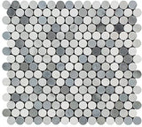 Bianco Carrara Honed Marble Penny Round Mosaic Tile (Carrara + Thassos + Blue).
