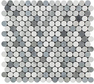 Bianco Carrara Honed Marble Penny Round Mosaic Tile (Carrara + Thassos + Blue).