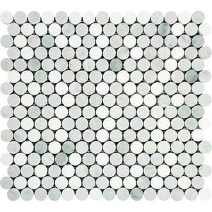 Bianco Carrara Honed Marble Penny Round Mosaic Tile (Carrara + Thassos + Ming Green).