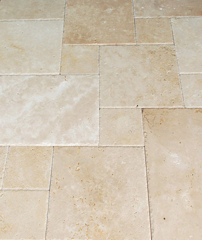 Ivory Travertine Brushed and Chiseled Versailles Pattern Tile (French Pattern).