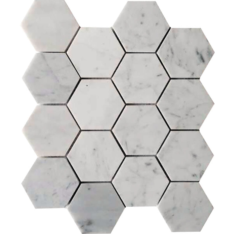MARBELLA Carrarra Hex 3x3 polished Bianco Carrara Mosaic Tile.