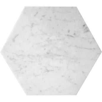 Honed Bianco Carrara marble 10x10 hexagon tile with natural stone appearance, ideal for backsplash or flooring.