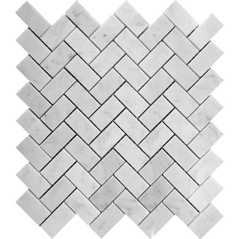 MARBELLA CARRARA 1X2" HERRINGBONE POLISHED Bianco Carrara Mosaic Tile.