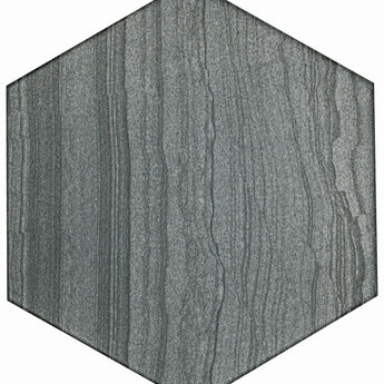 Roca Legend Graphite 8x9 inch hexagon floor tile in dark gray with matte finish, showcasing a modern geometric design.