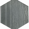 Roca Legend Graphite 8x9 inch hexagon floor tile in dark gray with matte finish, showcasing a modern geometric design.
