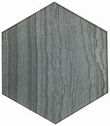 Roca Legend Graphite 8x9 inch hexagon floor tile in dark gray with matte finish, showcasing a modern geometric design.