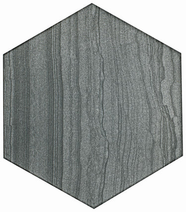 Roca Legend Graphite 8x9 inch hexagon floor tile in dark gray with matte finish, showcasing a modern geometric design.