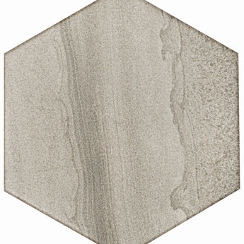 Roca Legend Vison 8x9 hexagon floor tile with a modern geometric pattern in neutral tones.